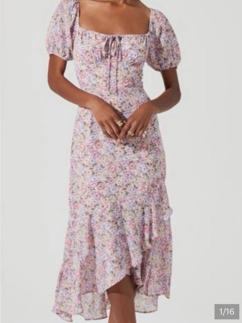ASTR The Label Bow Tie Pink Purple Floral Midi Dress, Puff Sleeves, Size S, NWT